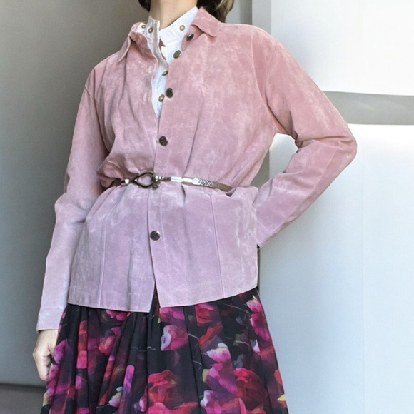 Vtg 90s Chico’s Design Suede Leather Shirt Jacket Rose Pink Western Shacket Lg - Picture 1 of 9
